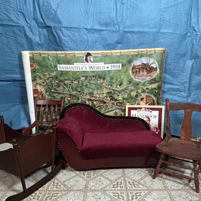 LOT 382: Doll Furniture: Chaise Lounge, Rocking Chair, Small Doll Cradle, American Girl Doll Samantha Poster & American Girl Doll...