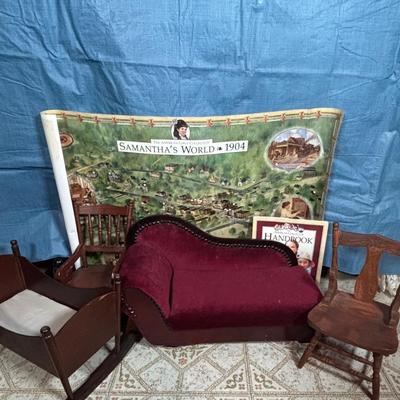 LOT 382: Doll Furniture: Chaise Lounge, Rocking Chair, Small Doll Cradle, American Girl Doll Samantha Poster & American Girl Doll...