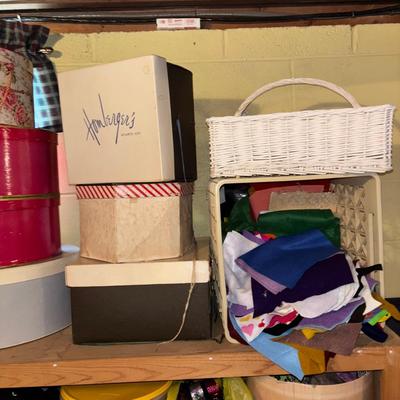 LOT 383: Triple X Basement Shelf Cleanout: Vintage Hat Boxes, Crafting & Sewing Supplies