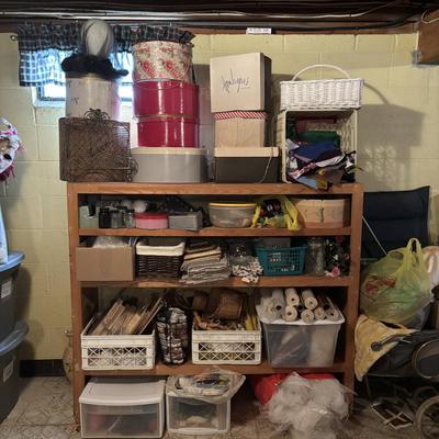 LOT 383: Triple X Basement Shelf Cleanout: Vintage Hat Boxes, Crafting & Sewing Supplies