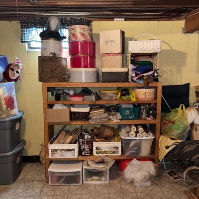 LOT 383: Triple X Basement Shelf Cleanout: Vintage Hat Boxes, Crafting & Sewing Supplies