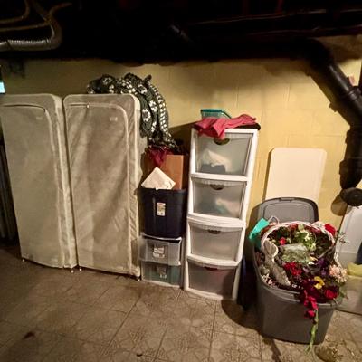 LOT 387: Portable Clothing Storage (2), Stacking Storage Drawers Filled w/Fabric, Faux Flowers & More