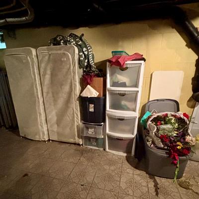 LOT 387: Portable Clothing Storage (2), Stacking Storage Drawers Filled w/Fabric, Faux Flowers & More