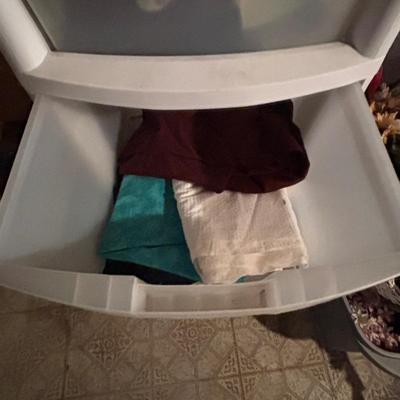 LOT 387: Portable Clothing Storage (2), Stacking Storage Drawers Filled w/Fabric, Faux Flowers & More