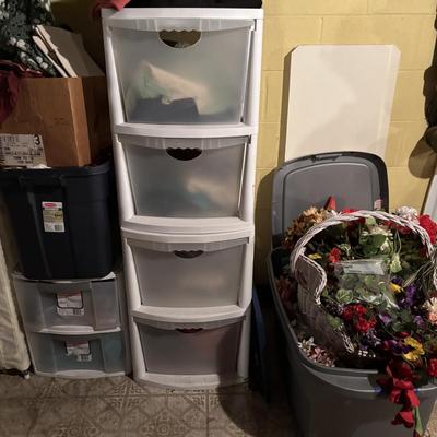 LOT 387: Portable Clothing Storage (2), Stacking Storage Drawers Filled w/Fabric, Faux Flowers & More