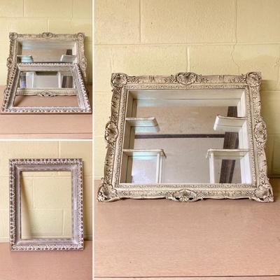 LOT 395: Vintage / Antique Ornate White Shadow Box Mirrored Shelf and Picture Frame