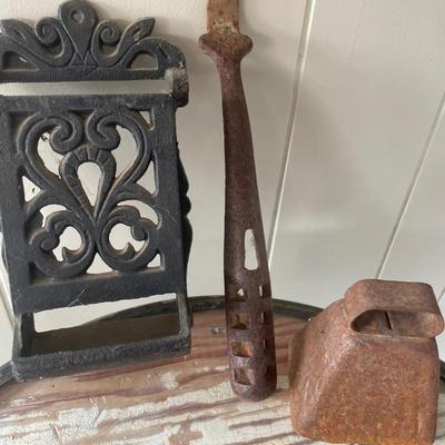 Metal matches holder, bell and handle with bird feeder