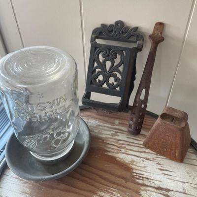 Metal matches holder, bell and handle with bird feeder