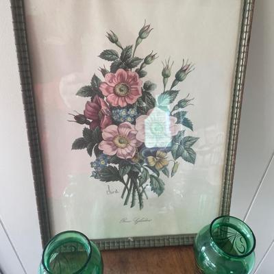 Unique arts & crafts table with small green vases and pic