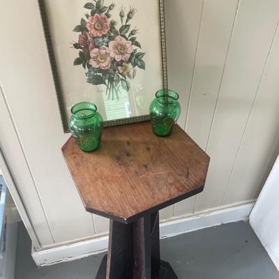 Unique arts & crafts table with small green vases and pic