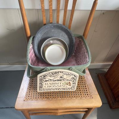 Chair with rabbit crossing sign and basket