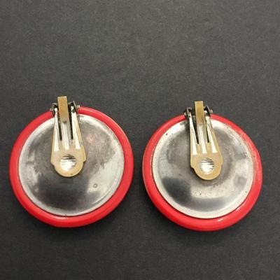 Large vintage, cherry red circular clip on earrings