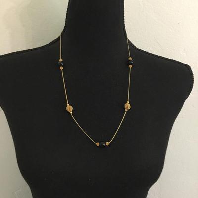 Mid-century, black and gold tone beaded necklace, mesh gold beads
