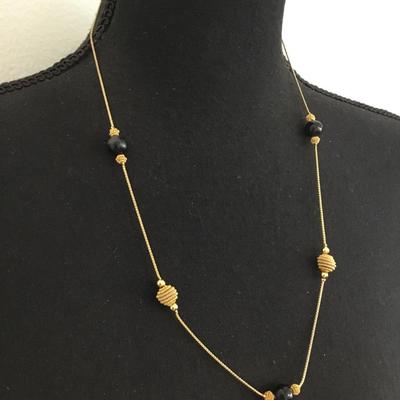 Mid-century, black and gold tone beaded necklace, mesh gold beads