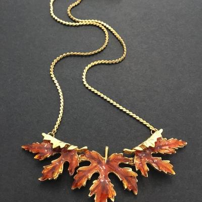 Vintage, gold tone, enamel Maple leaf necklace