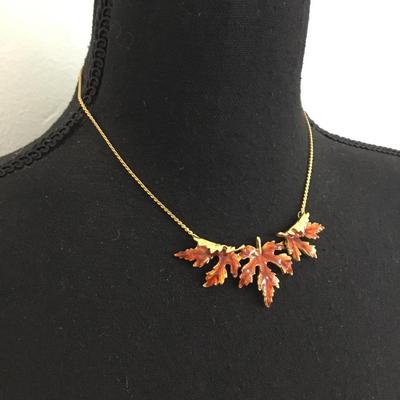 Vintage, gold tone, enamel Maple leaf necklace