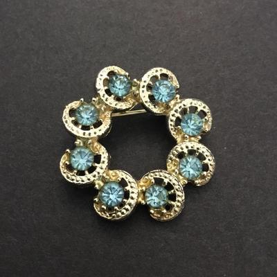 Vintage, gold, toned, ice, blue rhinestone brooch