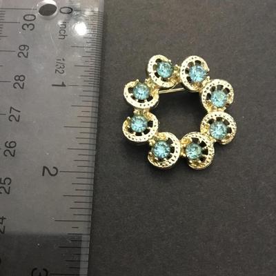 Vintage, gold, toned, ice, blue rhinestone brooch