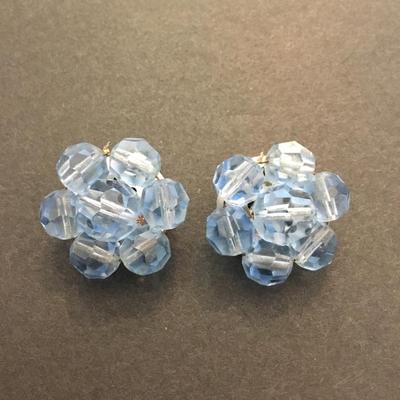 Vintage light blue glass beaded flower clip on earrings
