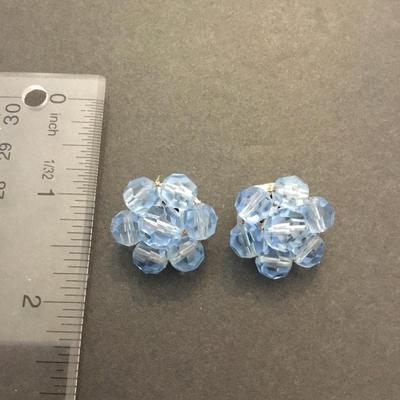 Vintage light blue glass beaded flower clip on earrings