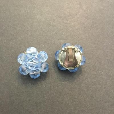 Vintage light blue glass beaded flower clip on earrings