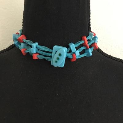 Gorgeous, multi strand ribbon, bow, turquoise, and coral bead statement necklace