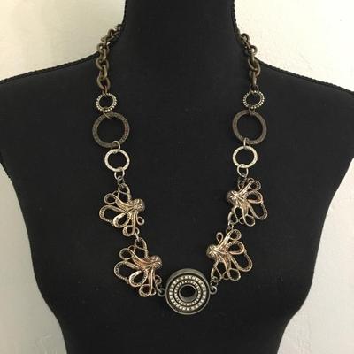 Unique bronze and silver, toned, octopus statement, necklace