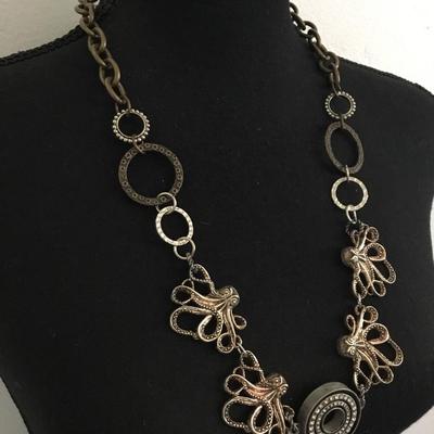 Unique bronze and silver, toned, octopus statement, necklace