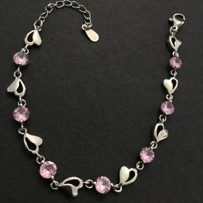 Cute 925 Silver heart, pink rhinestone tennis bracelet