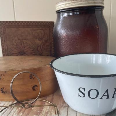 Soaps holder, wood boxes, jar & lampshade