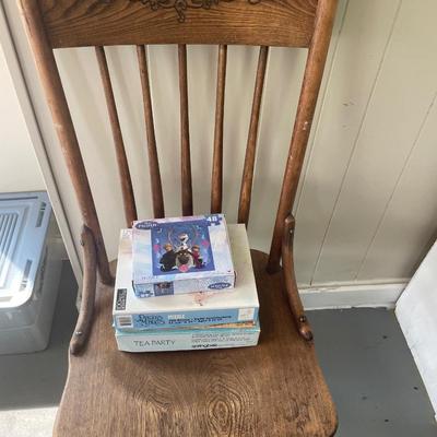 Wood chair with etched top & puzzles