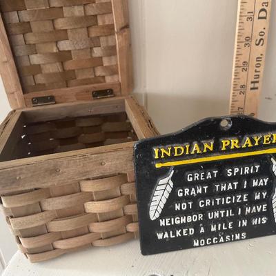 Vintage pedestal table with Indian prayer and small basket