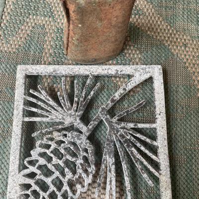 Vintage metal scoop, bell and trivet