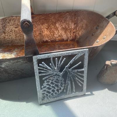 Vintage metal scoop, bell and trivet