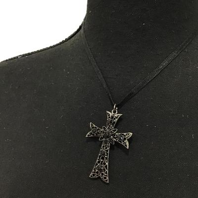 Jet black Rhinestone cross Black silk corded necklace