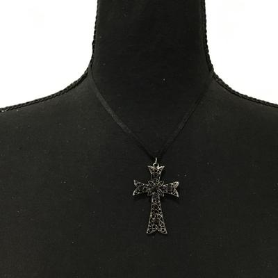 Jet black Rhinestone cross Black silk corded necklace