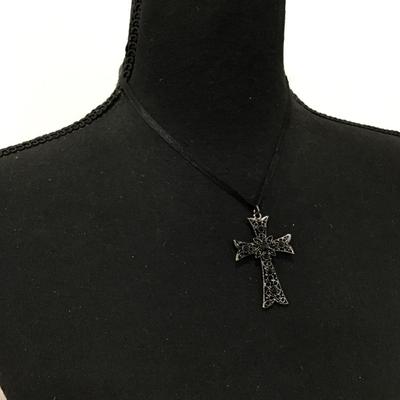 Jet black Rhinestone cross Black silk corded necklace
