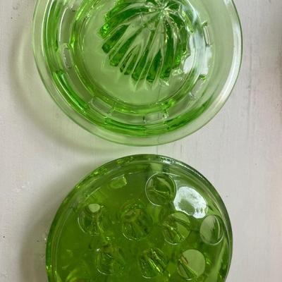 Green glass juicer and flower frog