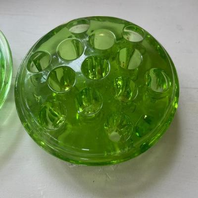 Green glass juicer and flower frog
