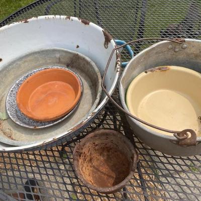 Vintage metal basins and pans