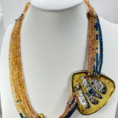 18K Gold Enamel Bat Theme Pendant Necklace with Tourmaline Beads