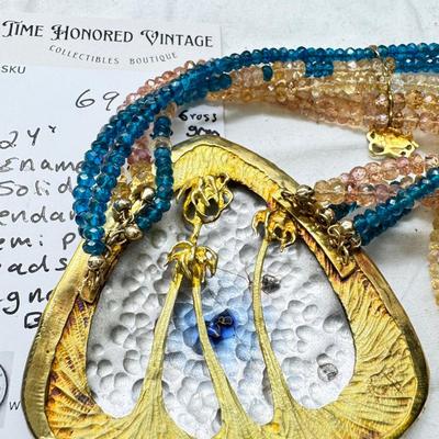 18K Gold Enamel Bat Theme Pendant Necklace with Tourmaline Beads