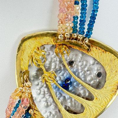 18K Gold Enamel Bat Theme Pendant Necklace with Tourmaline Beads