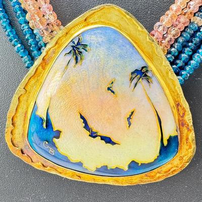 18K Gold Enamel Bat Theme Pendant Necklace with Tourmaline Beads