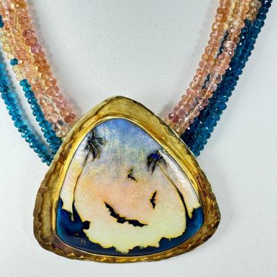 18K Gold Enamel Bat Theme Pendant Necklace with Tourmaline Beads