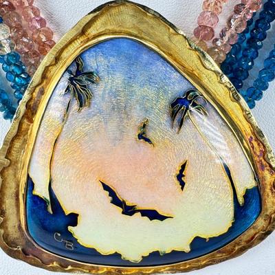 18K Gold Enamel Bat Theme Pendant Necklace with Tourmaline Beads