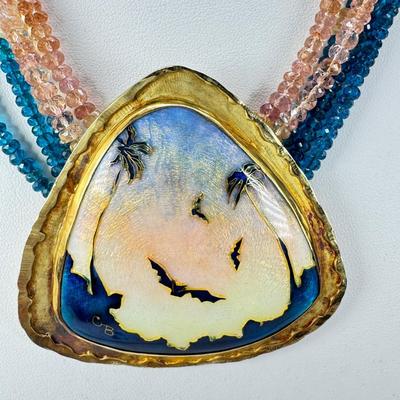 18K Gold Enamel Bat Theme Pendant Necklace with Tourmaline Beads