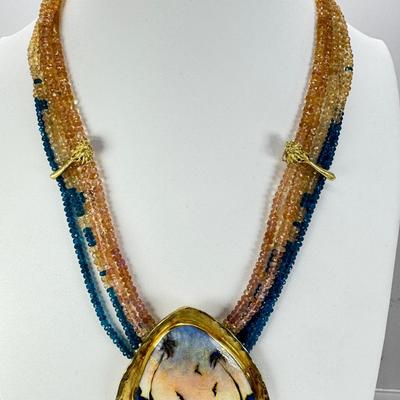 18K Gold Enamel Bat Theme Pendant Necklace with Tourmaline Beads