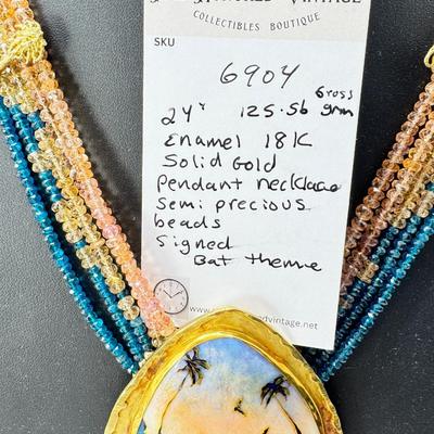 18K Gold Enamel Bat Theme Pendant Necklace with Tourmaline Beads