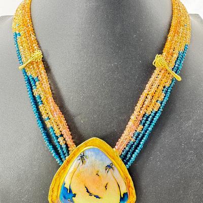 18K Gold Enamel Bat Theme Pendant Necklace with Tourmaline Beads